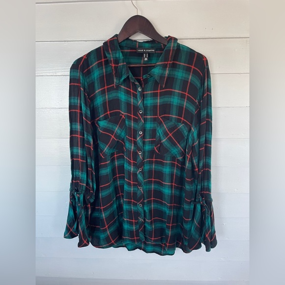 Green/Black/Orange Plaid Bell Sleeve Love & Legend Button Down Top - Picture 1 of 10